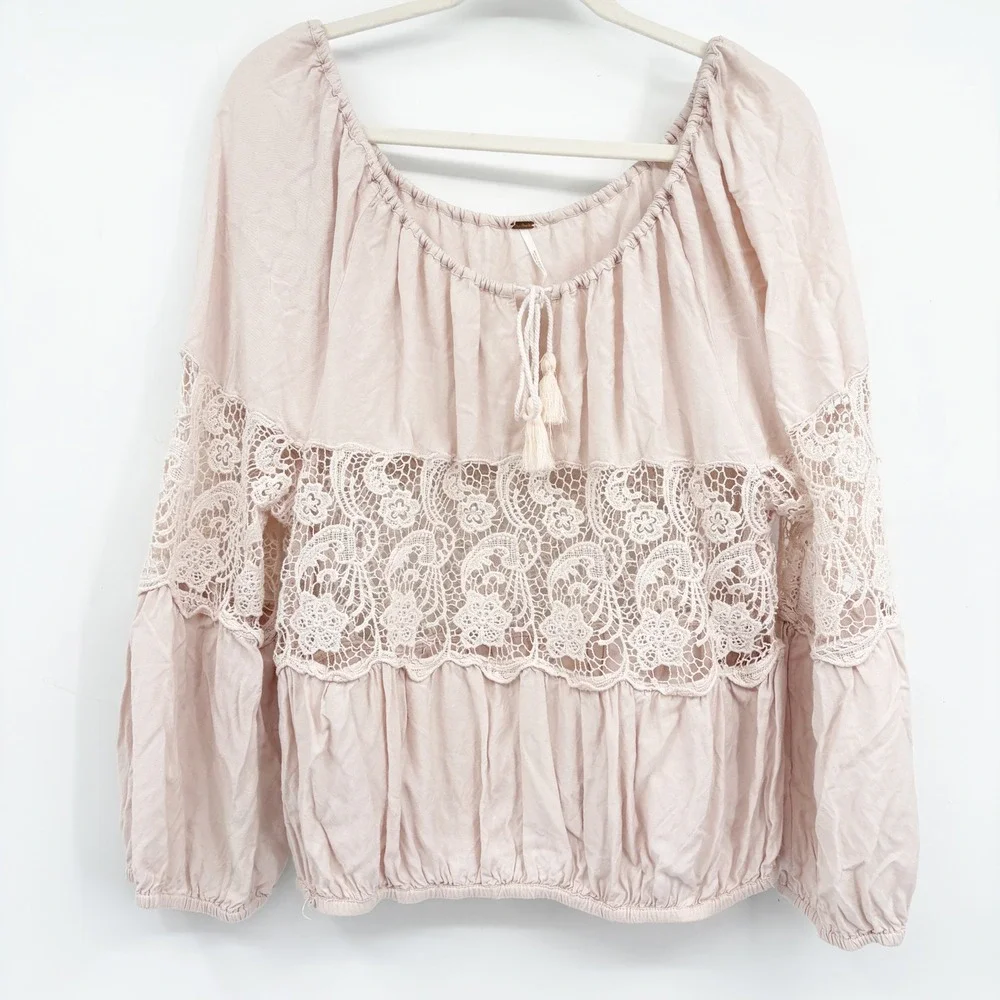 Free People Womens Blush‎ Pink Lace Inset Boho Gotta Love It Peasant Blouse XS